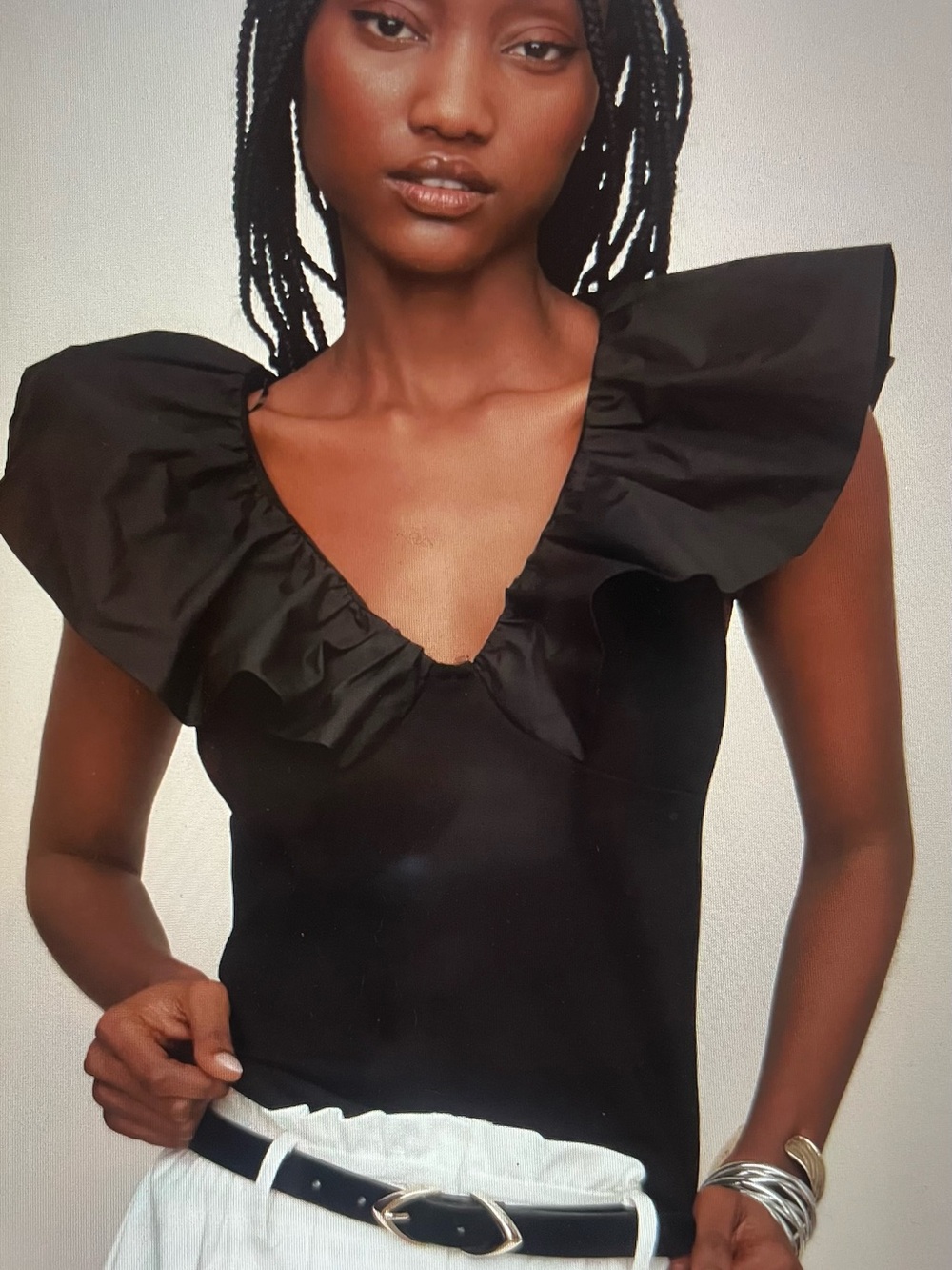 Anthropologie Black Ruffle-Sleeve V-Neck Tank